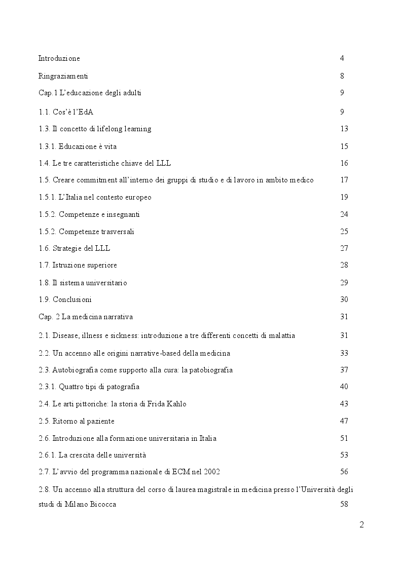 Indice della tesi: Medicina narrativa: un nuovo approccio nella formazione degli studenti in medicina presso l'Università degli studi di Milano Bicocca, Pagina 1