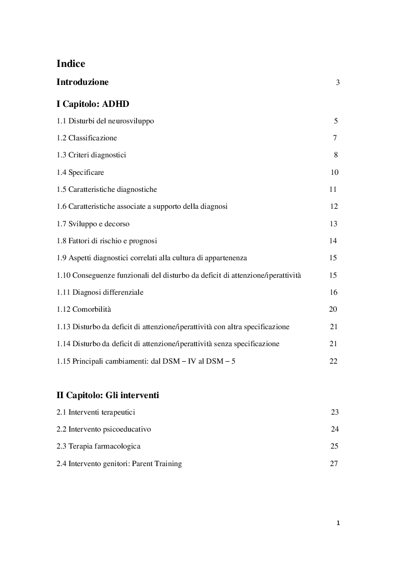 Indice della tesi: Il ruolo dell'educatore ed il disturbo da deficit di attenzione/iperattività, Pagina 1