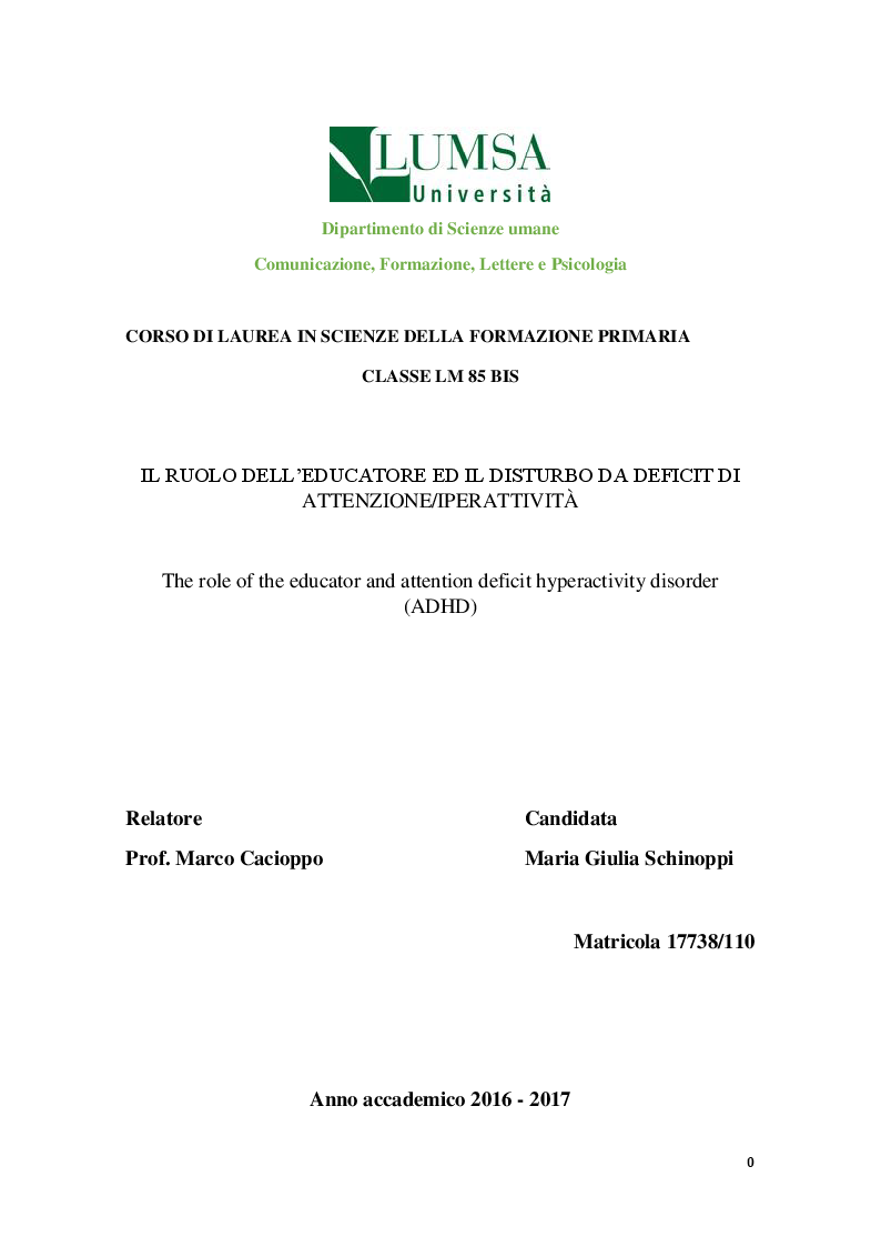 Anteprima della tesi: Il ruolo dell'educatore ed il disturbo da deficit di attenzione/iperattività, Pagina 1