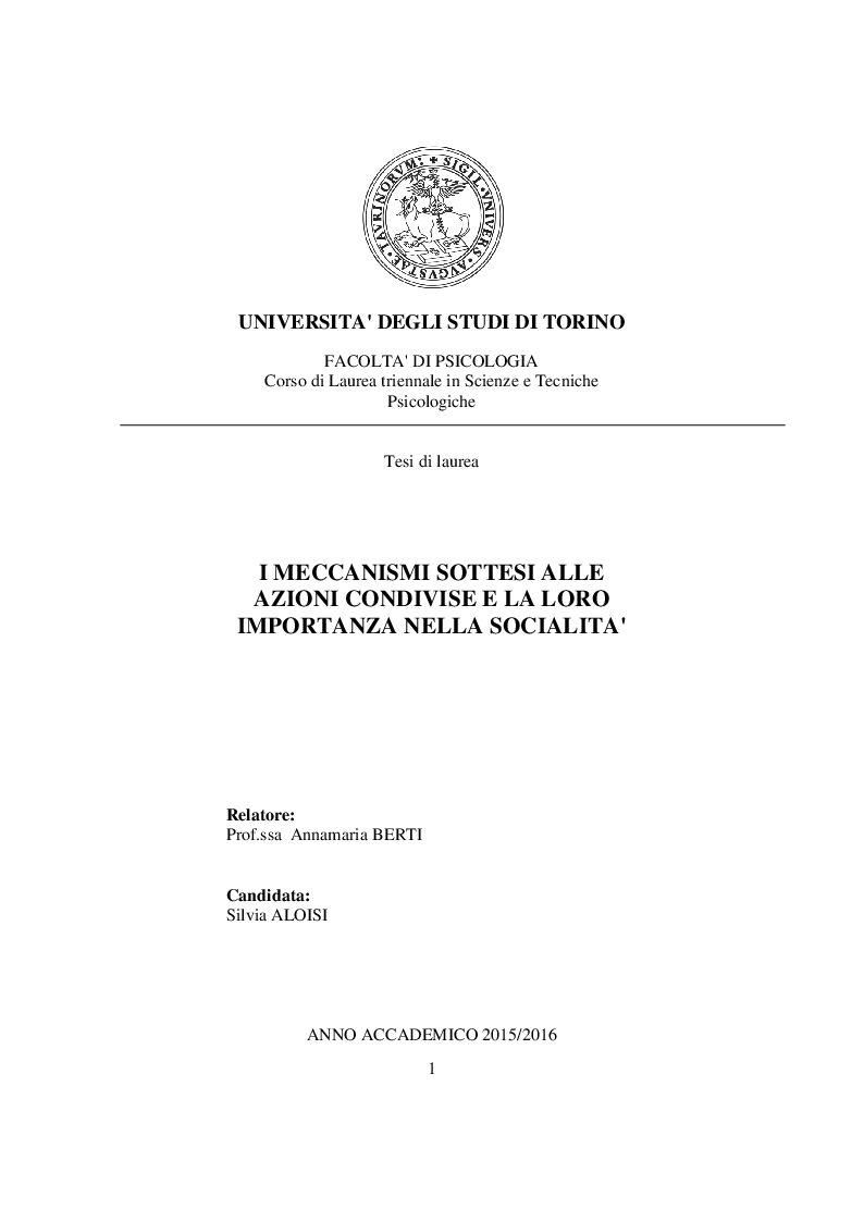 Anteprima della tesi: I meccanismi sottesi alle azioni condivise e la loro importanza nella socialità, Pagina 1