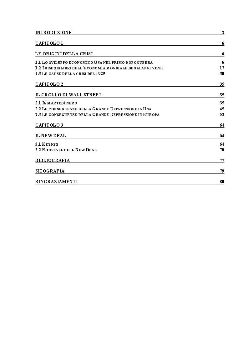 Indice della tesi: La grande depressione del 1929. Origini, conseguenze, politiche di ripresa, Pagina 1