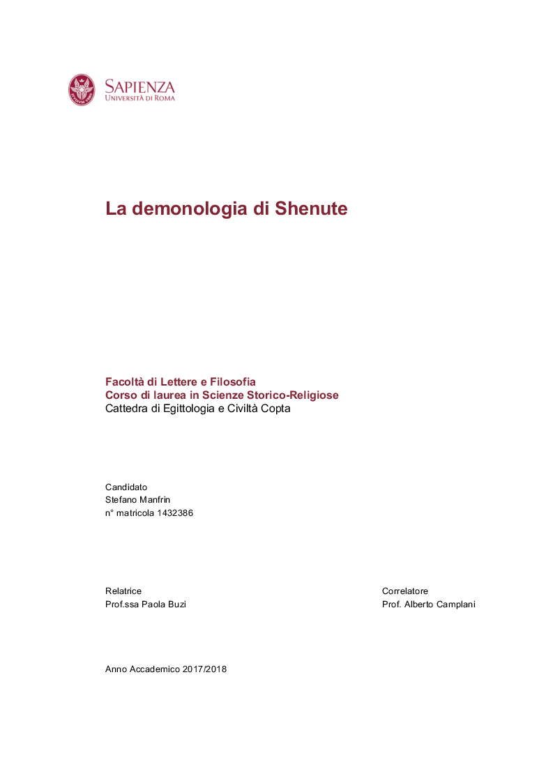Anteprima della tesi: La demonologia di Shenute, Pagina 1