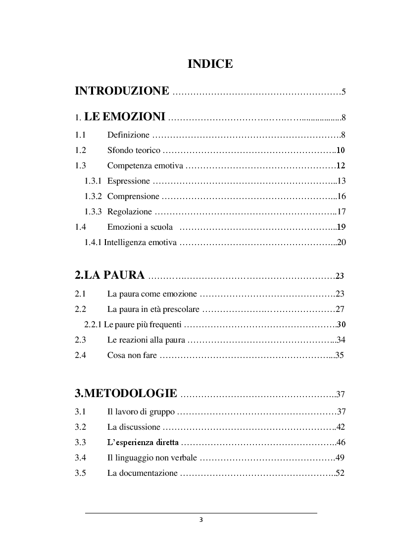 Indice della tesi: POSSO AVERE PAURA. Percorso didattico nella scuola dell'infanzia, Pagina 1