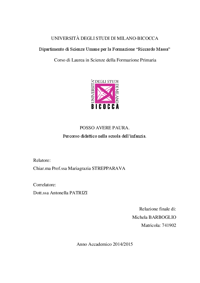 Anteprima della tesi: POSSO AVERE PAURA. Percorso didattico nella scuola dell'infanzia, Pagina 1