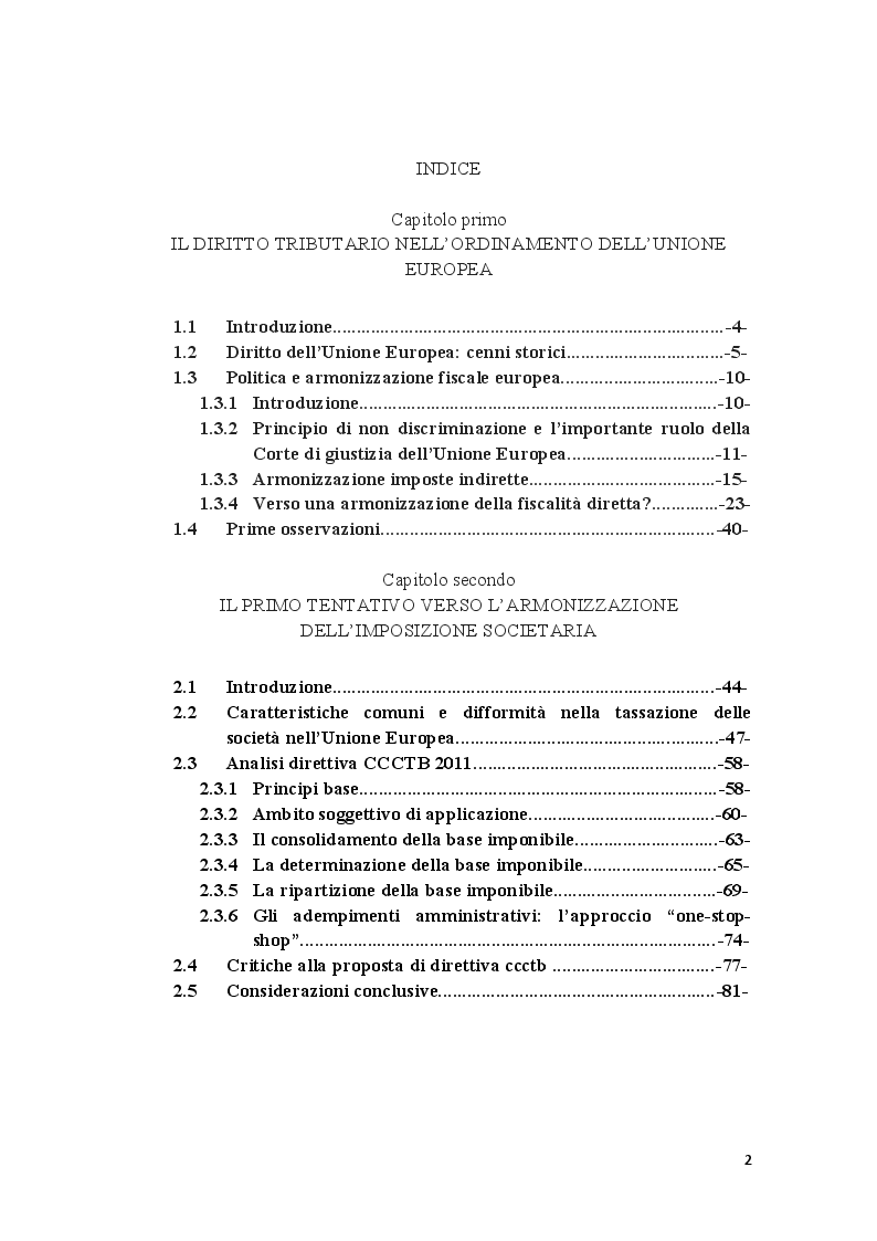 Indice della tesi: Coordinamento ed armonizzazione dell'imposizione societaria in seno all'Unione Europea, Pagina 1
