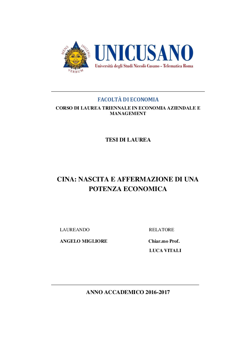 Anteprima della tesi: Cina: nascita e affermazione di una potenza economica, Pagina 1