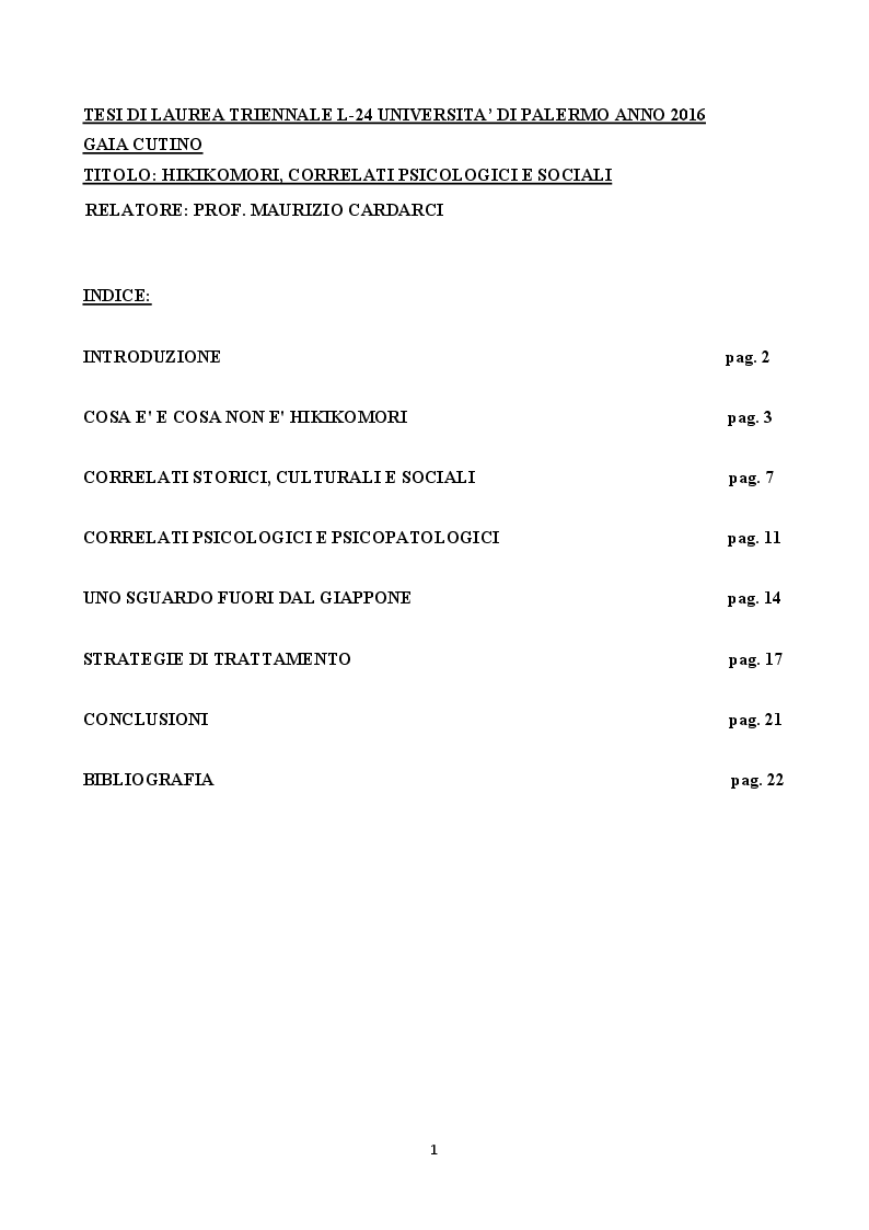 Indice della tesi: Hikikomori: correlati psicologici e sociali, Pagina 1