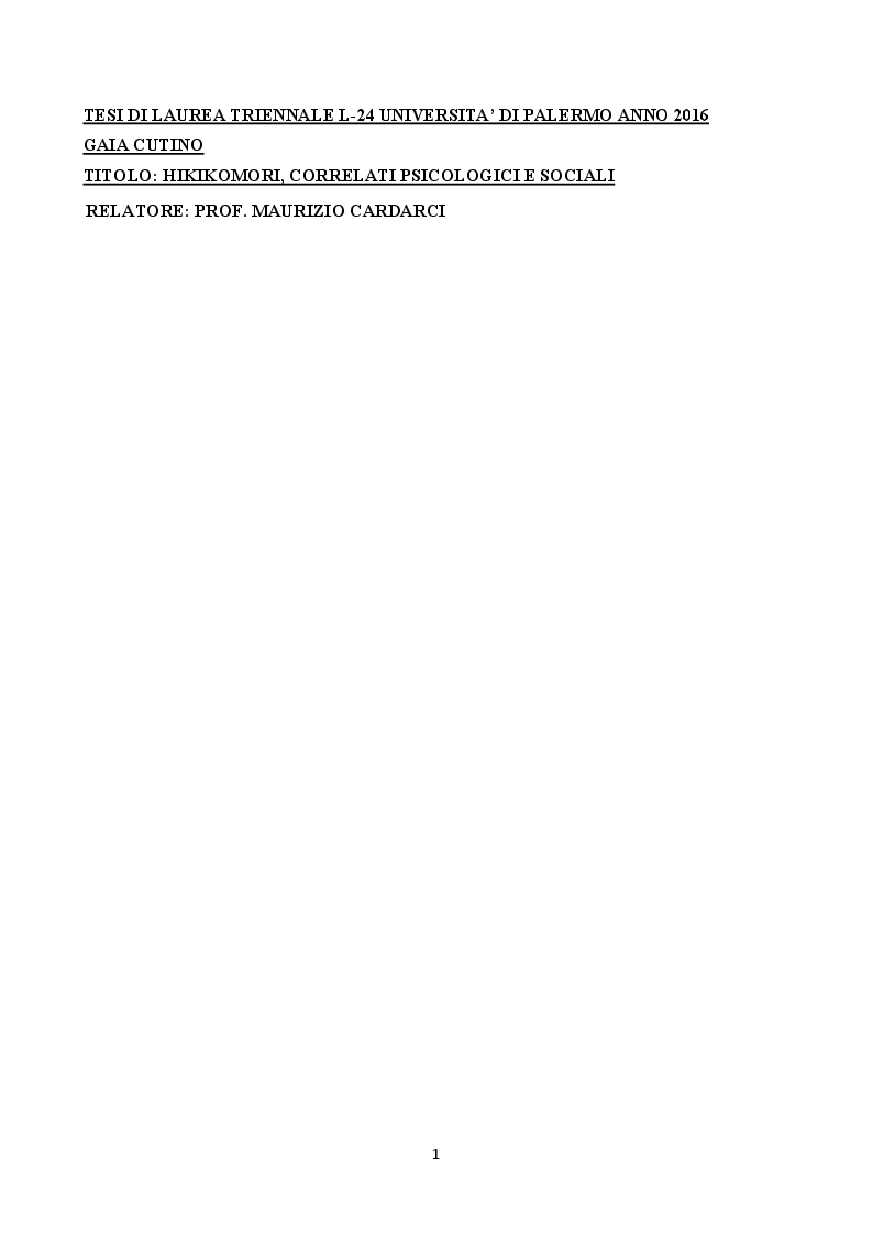 Anteprima della tesi: Hikikomori: correlati psicologici e sociali, Pagina 1