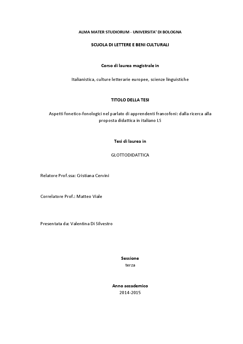 Anteprima della tesi: Aspetti fonetico-fonologici nel parlato di apprendenti francofoni: dalla ricerca alla proposta didattica in italiano LS, Pagina 1