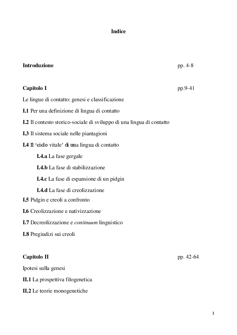 Indice della tesi: Il creolo: aspetti descrittivi e teorie sulla genesi di una lingua di contatto, Pagina 1