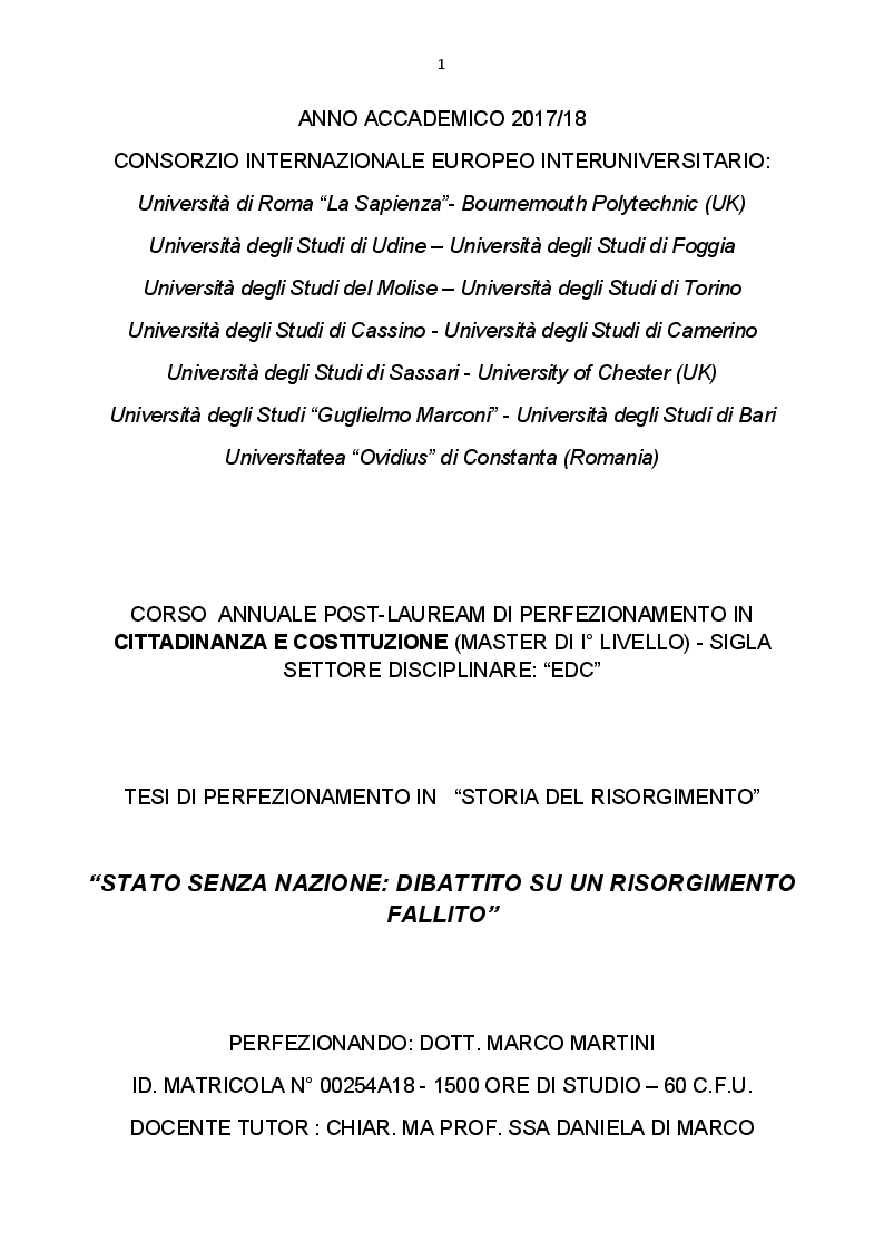 Anteprima della tesi: Stato senza nazione: dibattito su un Risorgimento fallito, Pagina 1