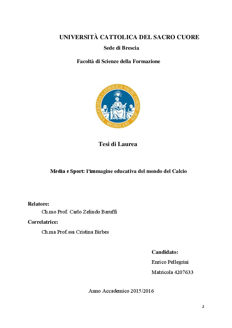 Anteprima della tesi: Media e Sport: l'immagine educativa del mondo del Calcio, Pagina 1