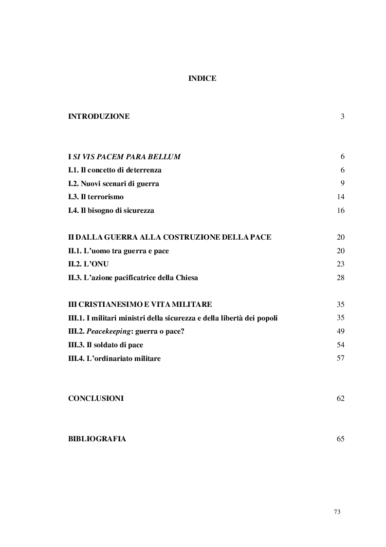 Indice della tesi: Missione di Pace, Vangelo di Pace: In divisa per il bene di tutti, Pagina 1
