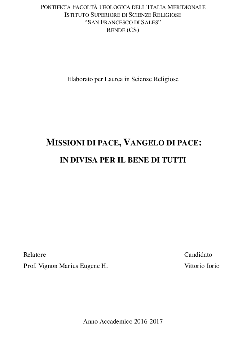 Anteprima della tesi: Missione di Pace, Vangelo di Pace: In divisa per il bene di tutti, Pagina 1