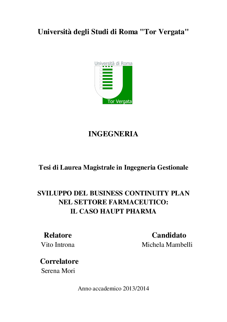 Anteprima della tesi: Sviluppo del Business Continuity Plan nel settore farmaceutico: il caso Haupt Pharma, Pagina 1