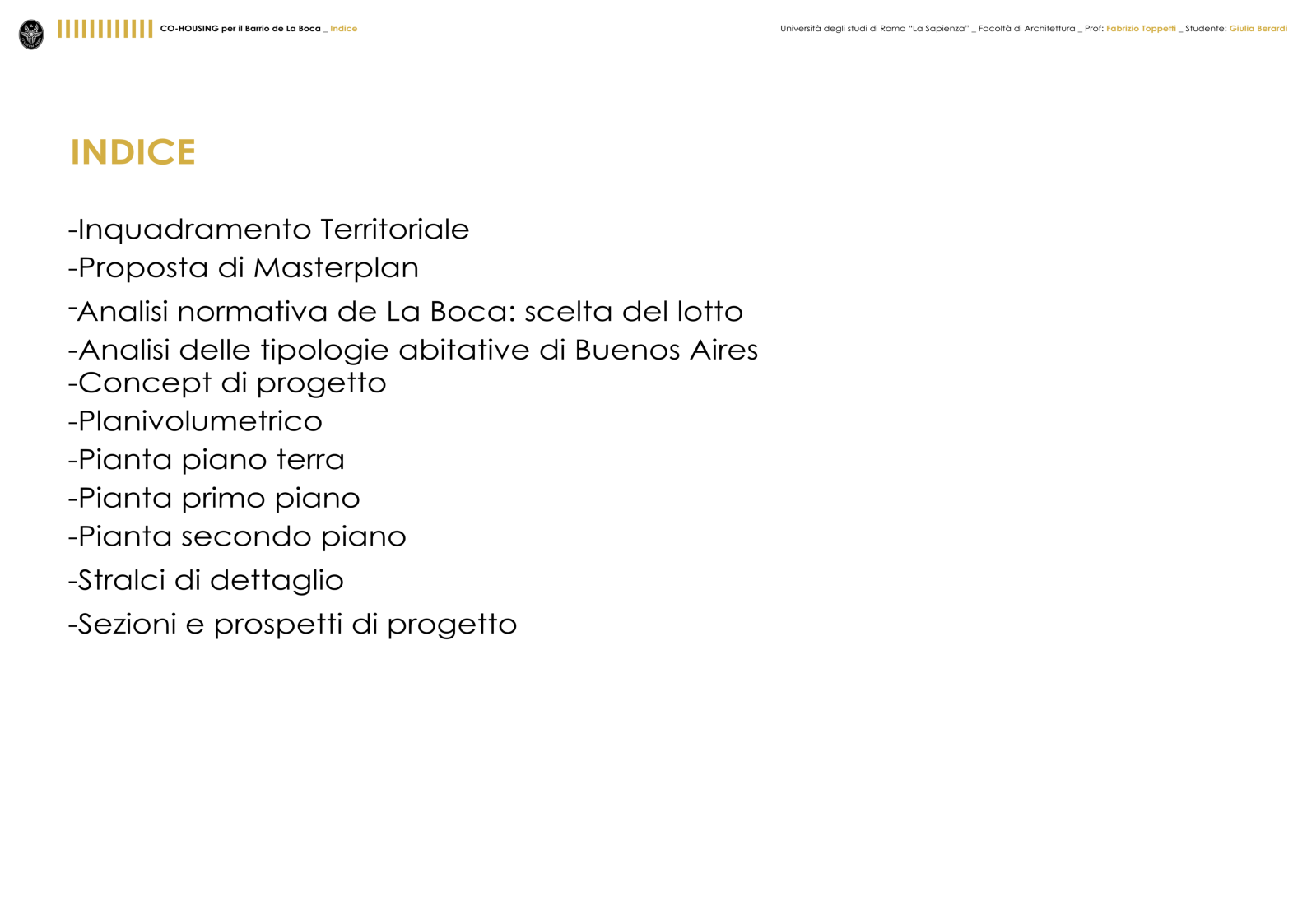 Indice della tesi: Cohousing per il barrio de La Boca - Buenos Aires, Pagina 1