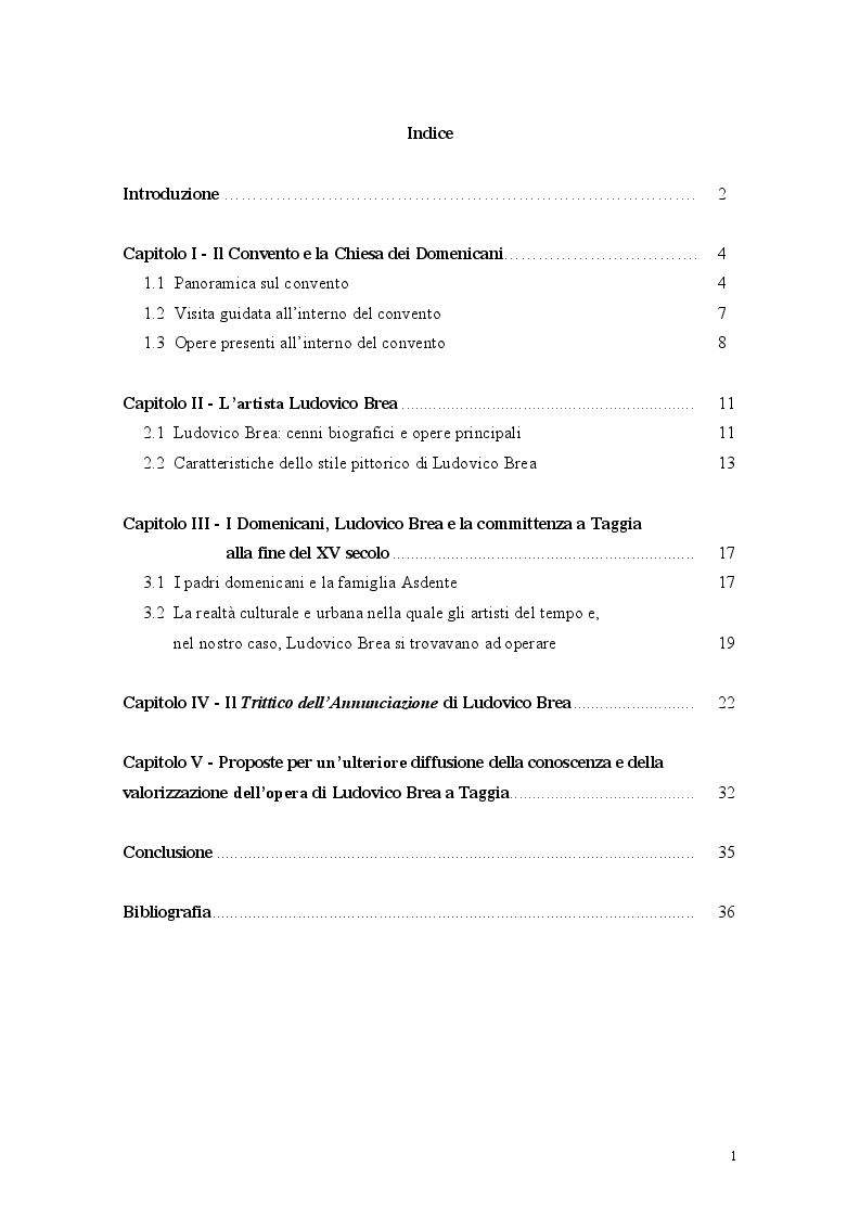 Indice della tesi: Il binomio inscindibile tra il Convento dei Domenicani di Taggia e Ludovico Brea. Considerazioni per la valorizzazione., Pagina 1