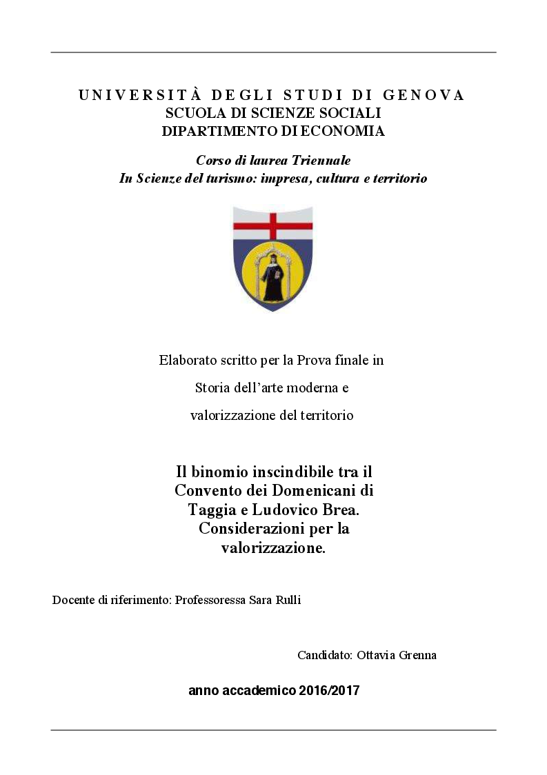 Anteprima della tesi: Il binomio inscindibile tra il Convento dei Domenicani di Taggia e Ludovico Brea. Considerazioni per la valorizzazione., Pagina 1