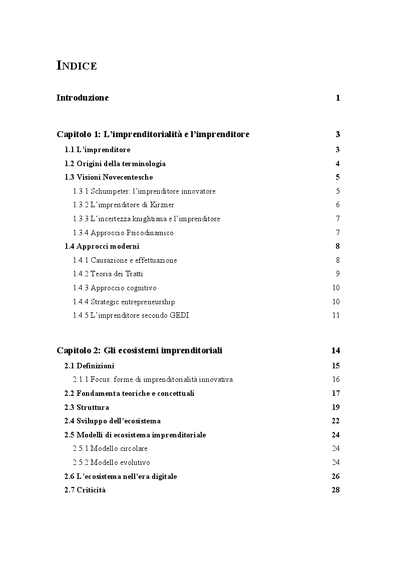 Indice della tesi: Gli ecosistemi imprenditoriali e una breve analisi di alcuni ecosistemi italiani, Pagina 1