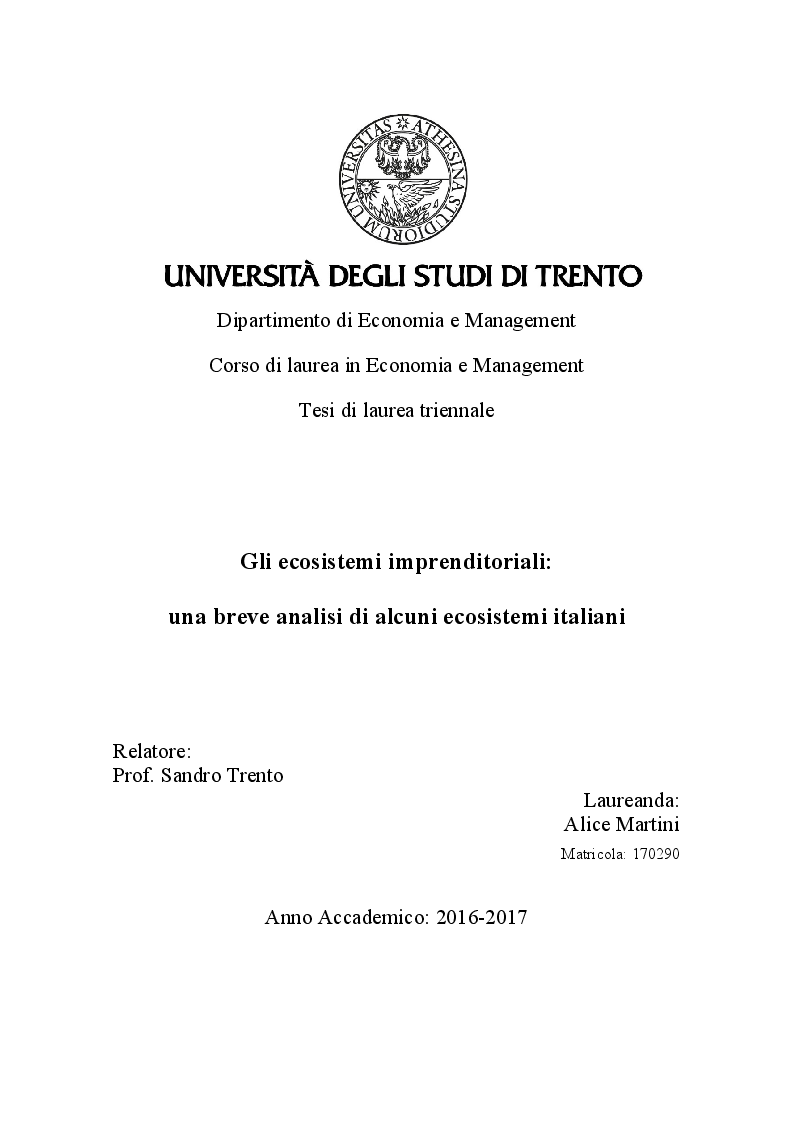 Anteprima della tesi: Gli ecosistemi imprenditoriali e una breve analisi di alcuni ecosistemi italiani, Pagina 1