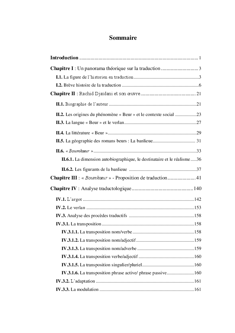 Indice della tesi: Boumkoeur de Rachid Djaïdani, traduction et commentaire critique, Pagina 1