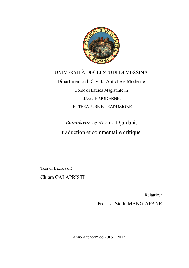 Anteprima della tesi: Boumkoeur de Rachid Djaïdani, traduction et commentaire critique, Pagina 1