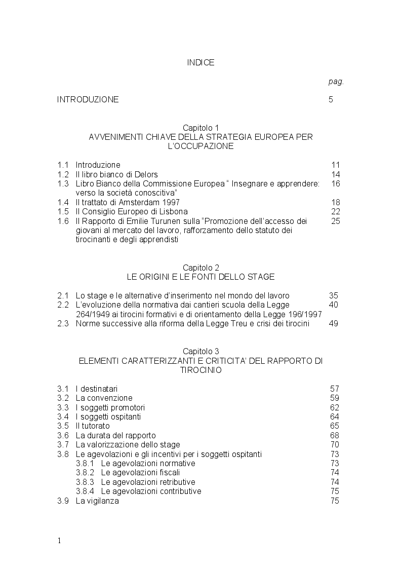 Indice della tesi: Stages ultima frontiera del precariato, Pagina 1