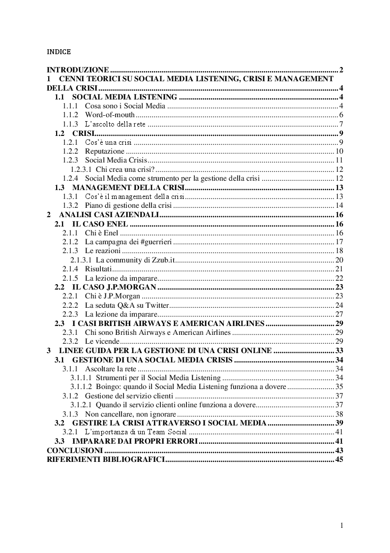 Indice della tesi: Social Media e Ascolto della Rete , Pagina 1