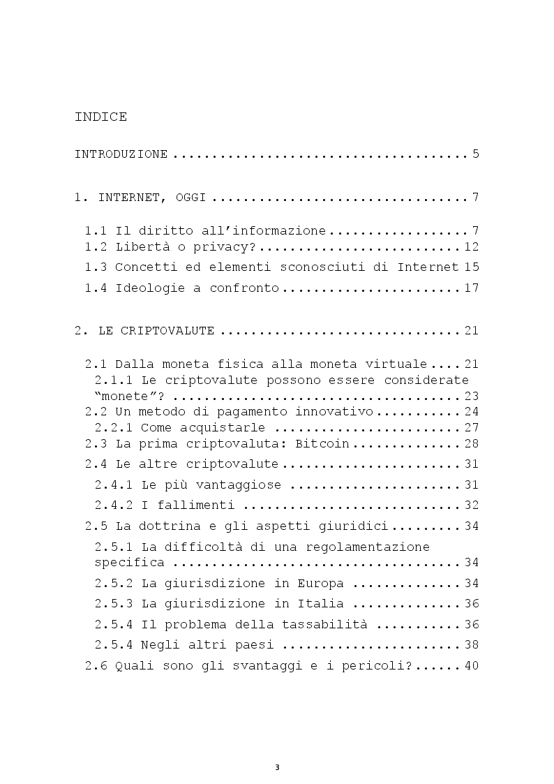 Indice della tesi: L'altra faccia della rete: le Criptovalute e il Deep Web, Pagina 1