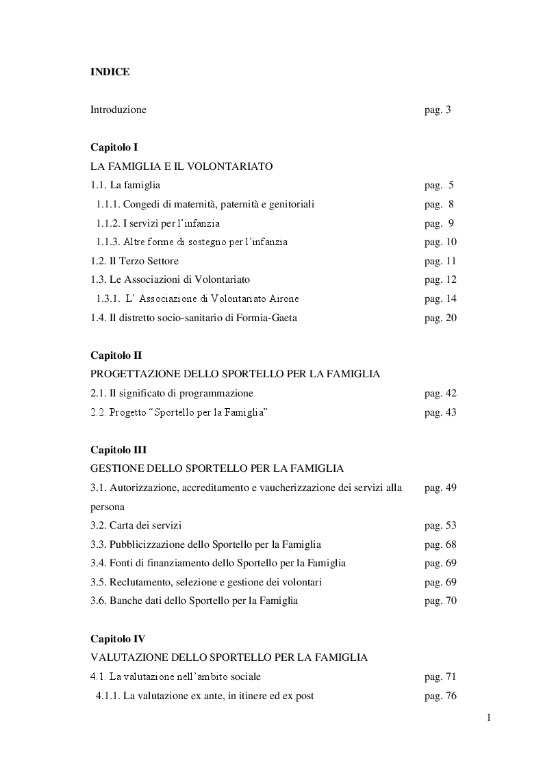 Indice della tesi: Dalla teoria alla prassi: progettazione, gestione e valutazione dello sportello per la famiglia, Pagina 1