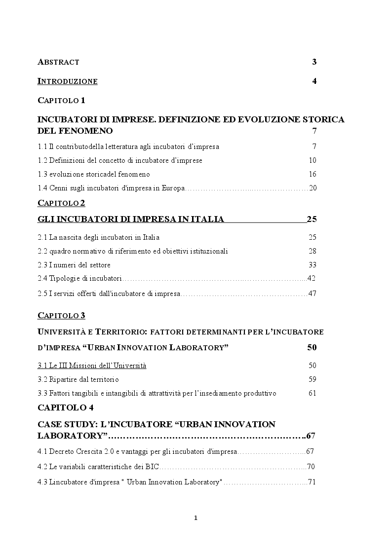Indice della tesi: L’incubatore d’impresa “Urban Innovation Laboratory”, Pagina 1