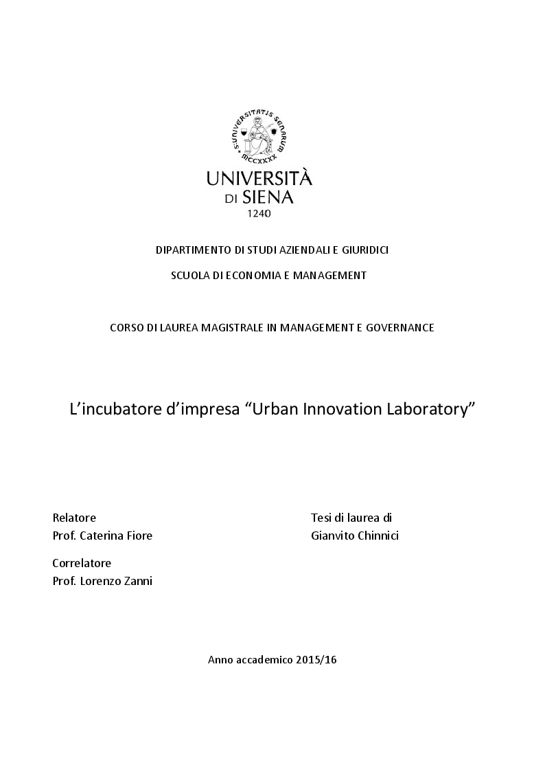 Anteprima della tesi: L’incubatore d’impresa “Urban Innovation Laboratory”, Pagina 1