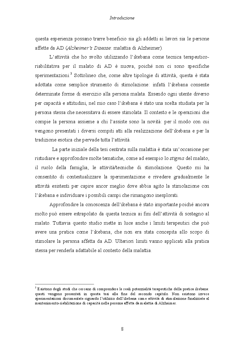 Anteprima della tesi: Malattia di Alzheimer e Ikebana. Studio sull'impiego dell'arte giapponese del disporre i fiori nell'attività di sostegno educativo alla persona malata., Pagina 3