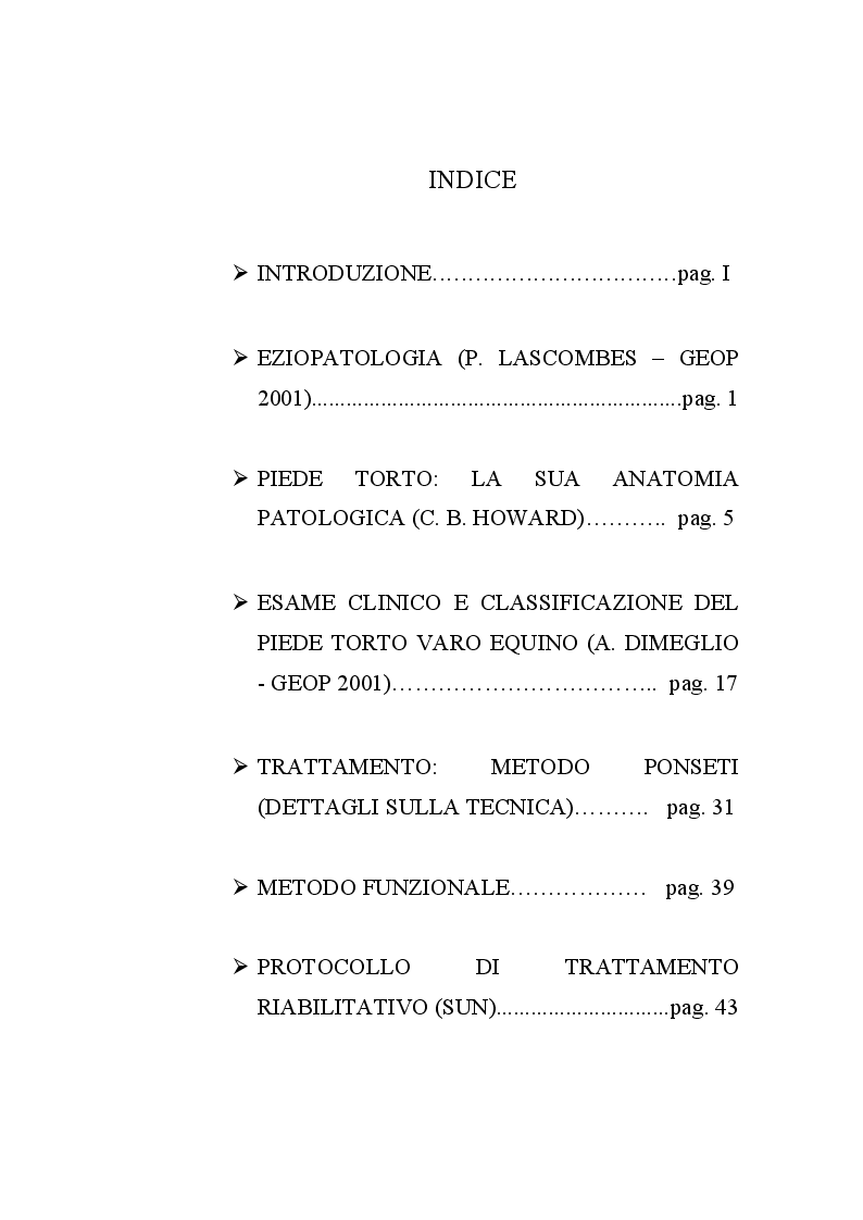Indice della tesi: Il piede torto congenito: aspetti diagnostici e terapeutici, Pagina 1