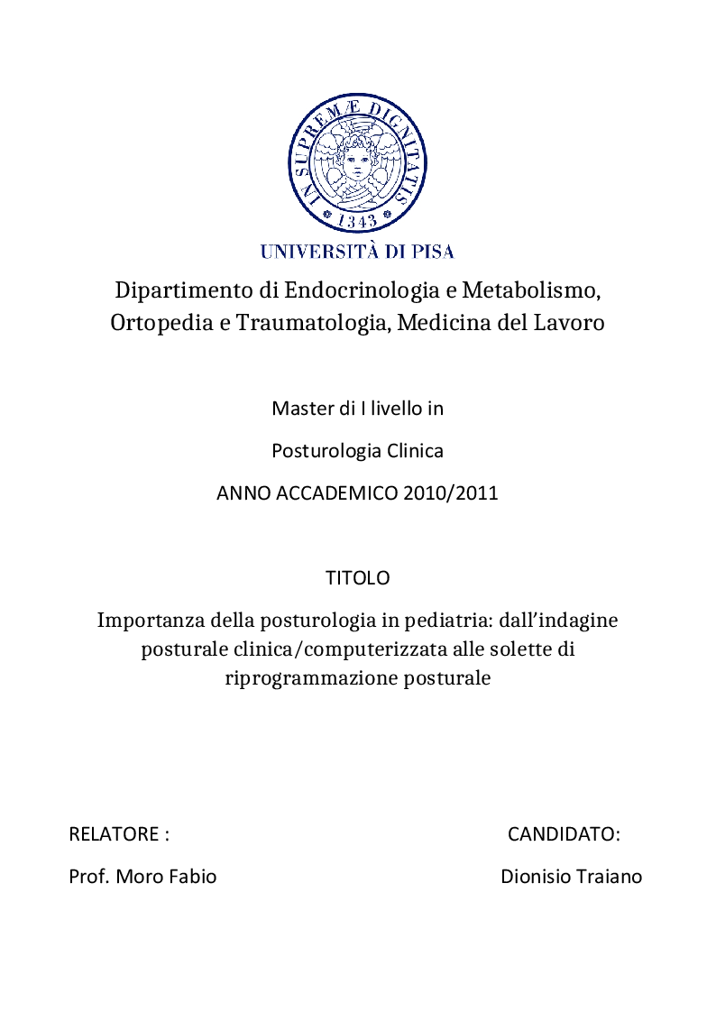 Anteprima della tesi: Importanza della posturologia in pediatria: dall’indagine posturale clinica/computerizzata alle solette di riprogrammazione posturale, Pagina 1