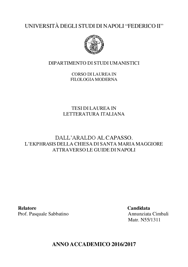 Anteprima della tesi: Dall'Araldo al Capasso. L'ekphrasis della chiesa di Santa Maria Maggiore attraverso le guide di Napoli, Pagina 1