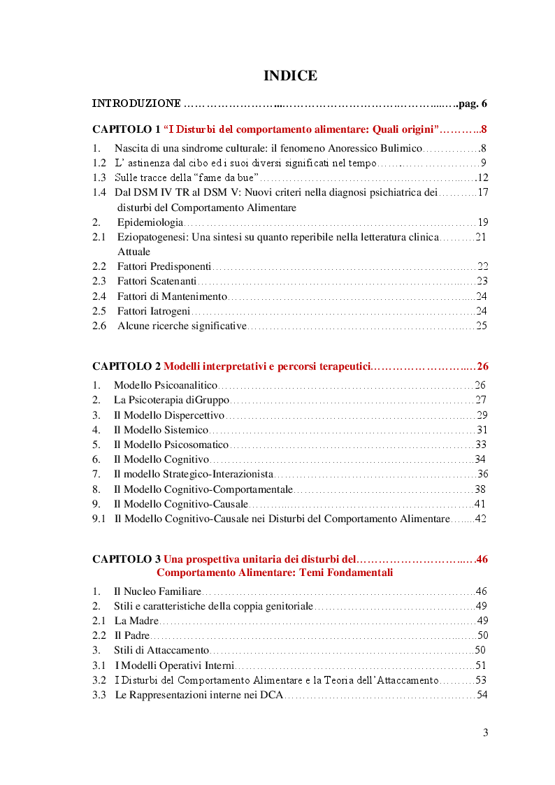 Indice della tesi: I disturbi del comportamento alimentare: una visione d'insieme, Pagina 1