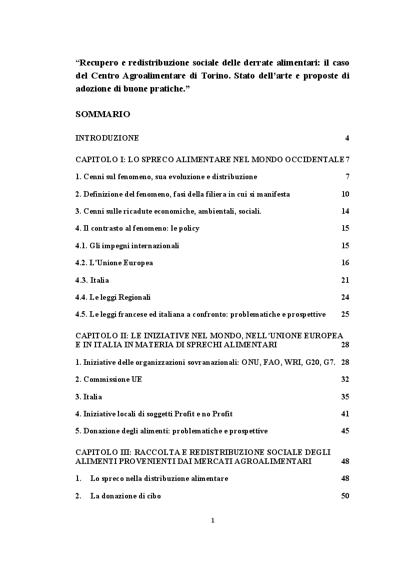 Indice della tesi: Recupero e redistribuzione sociale delle derrate alimentari: il caso del Centro Agroalimentare di Torino. Stato dell’arte e proposte di adozione di buone pratiche., Pagina 1