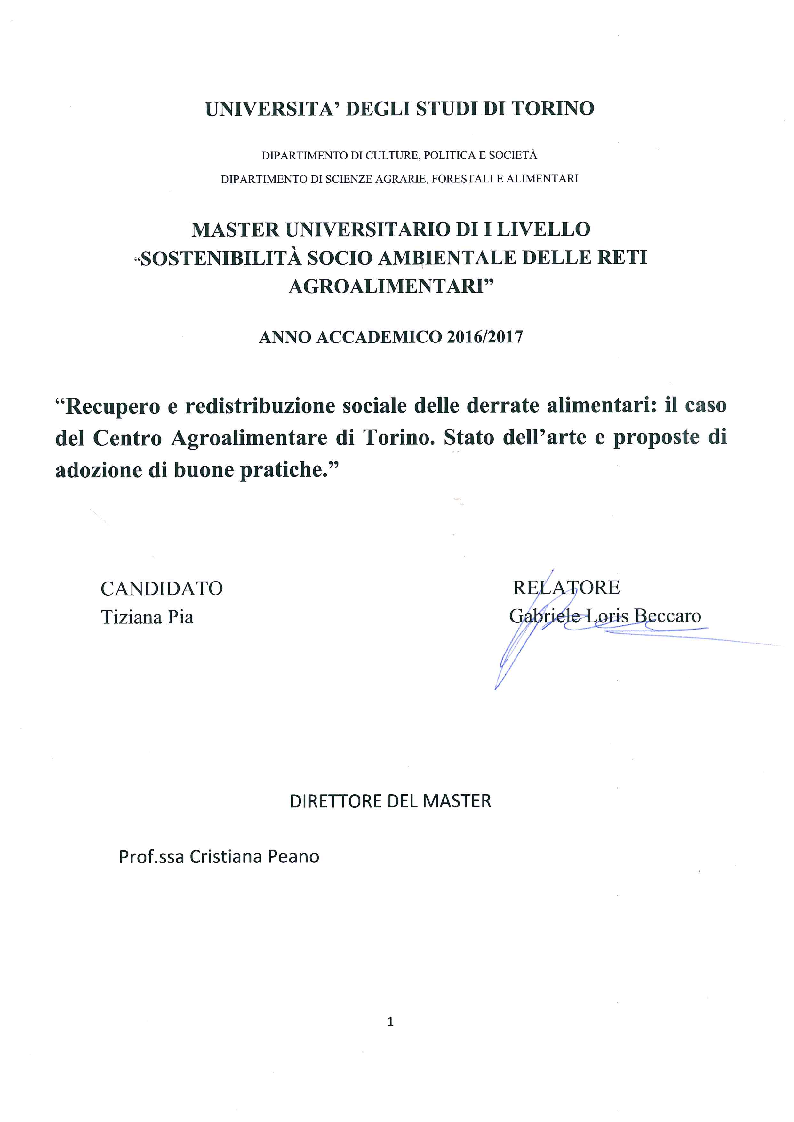 Anteprima della tesi: Recupero e redistribuzione sociale delle derrate alimentari: il caso del Centro Agroalimentare di Torino. Stato dell’arte e proposte di adozione di buone pratiche., Pagina 1