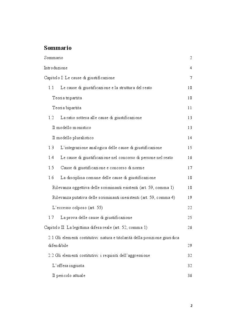 Indice della tesi: La legittima difesa: caratteristiche e limiti del diritto di autotutela , Pagina 1