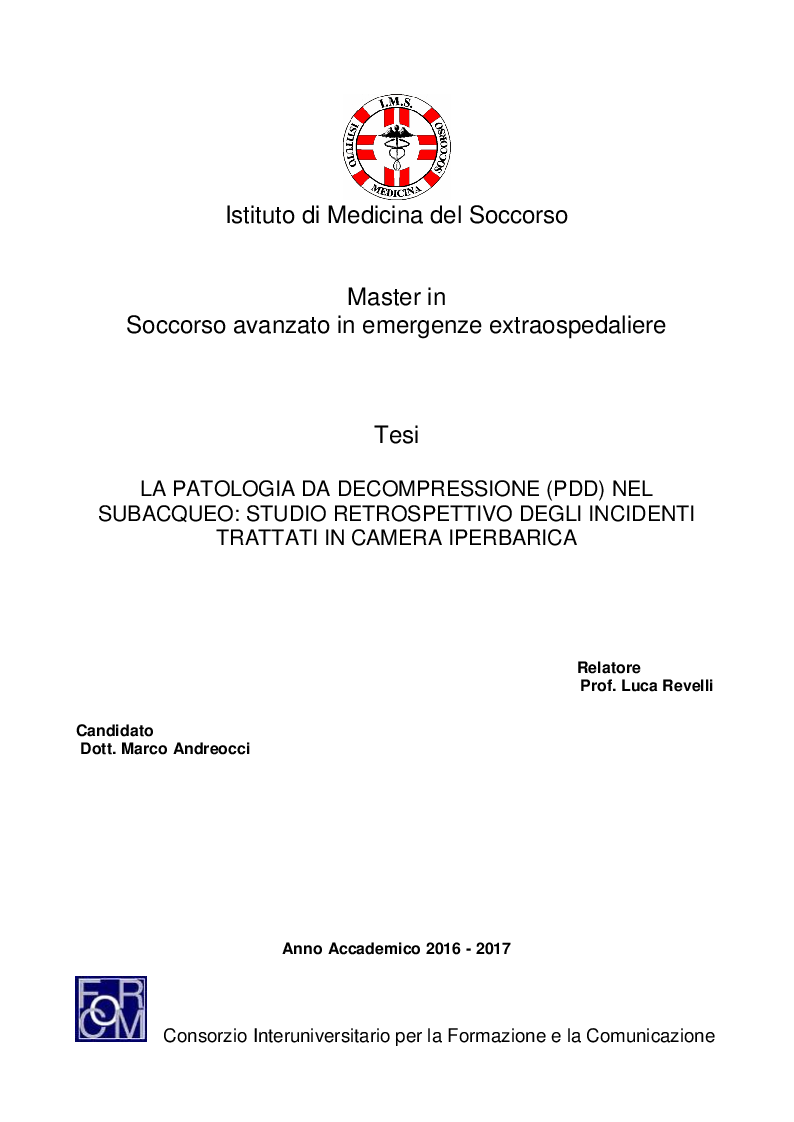 Anteprima della tesi: La Patologia da Decompressione (PDD) nel subacqueo: studio retrospettivo degli incidenti trattati in camera iperbarica, Pagina 1