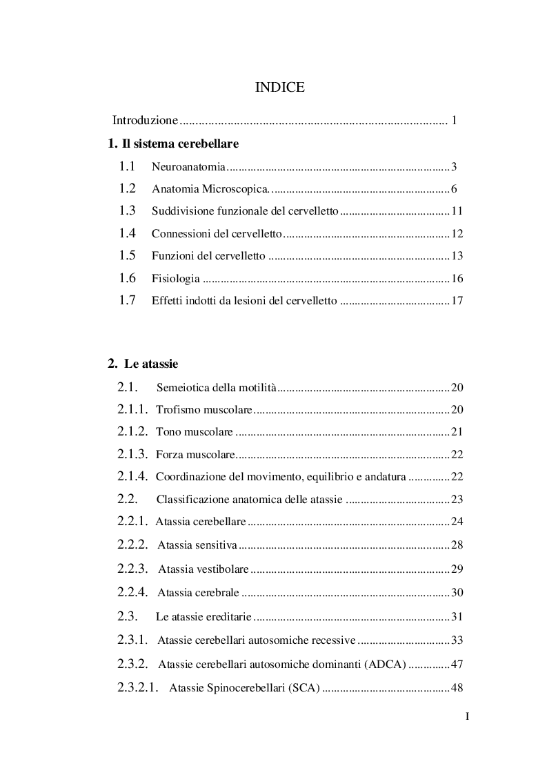Indice della tesi: L'intervento riabilitativo nell'atassia, Pagina 1