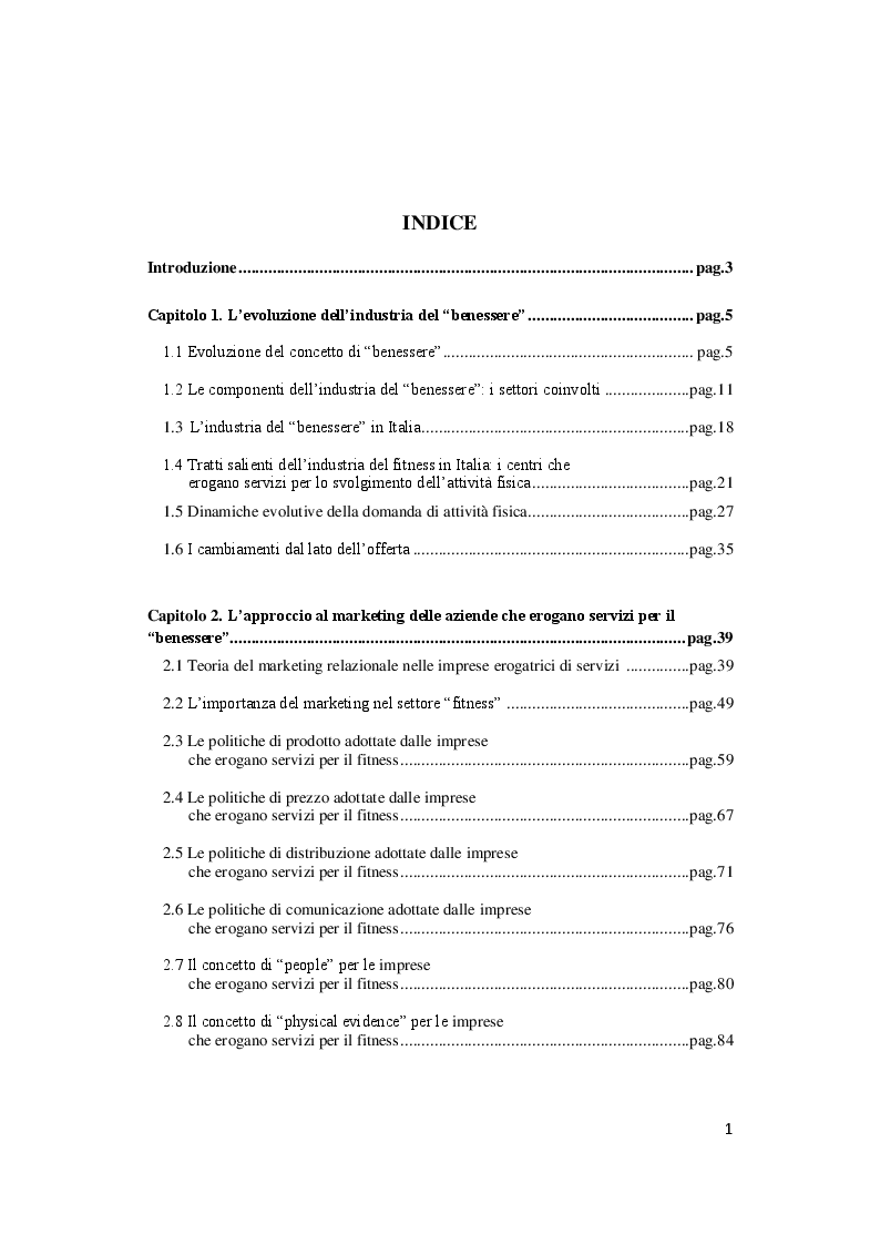 Indice della tesi: Le politiche di marketing nel settore del fitness. Il caso ''Happiness Sport & Fitness'', Pagina 1