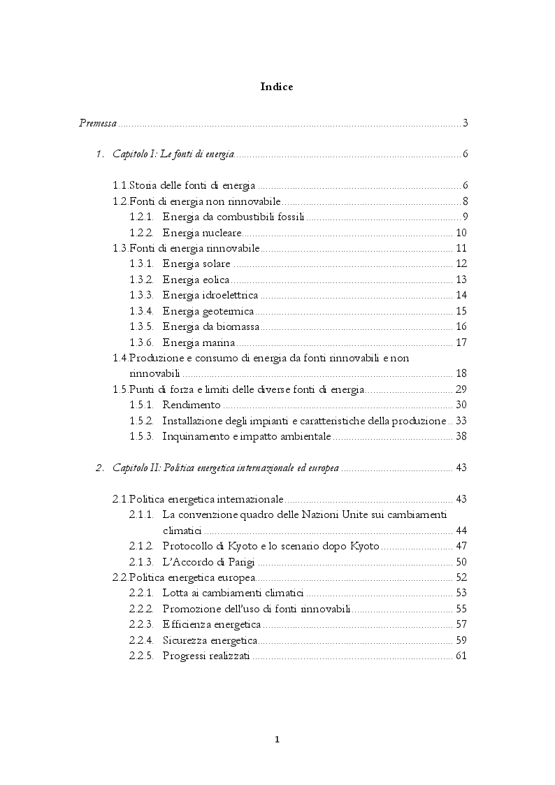 Indice della tesi: Energie Rinnovabili: politica energetica, effetti e prospettive, Pagina 1