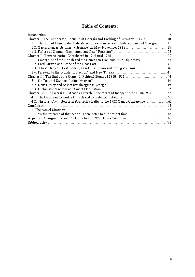Indice della tesi: The Democratic Republic of Georgia in Diplomatic Relations of the Great Powers 1918-1921, Pagina 1