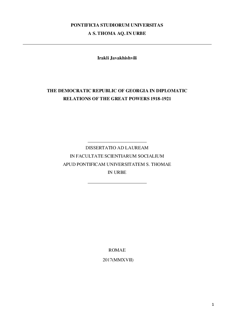 Anteprima della tesi: The Democratic Republic of Georgia in Diplomatic Relations of the Great Powers 1918-1921, Pagina 1