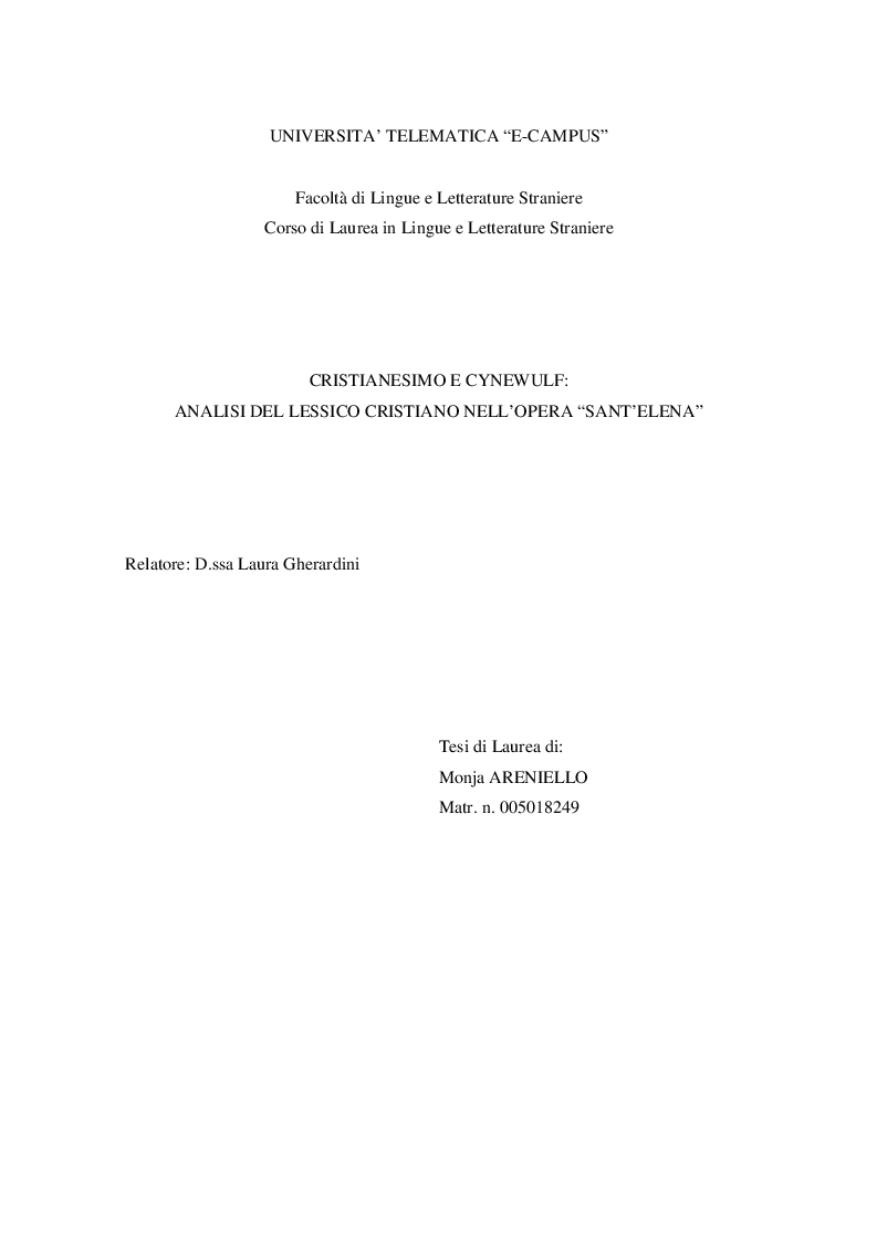Anteprima della tesi: Cristianesimo e Cynewulf: analisi del lessico cristiano nell'opera “Sant'Elena”, Pagina 1