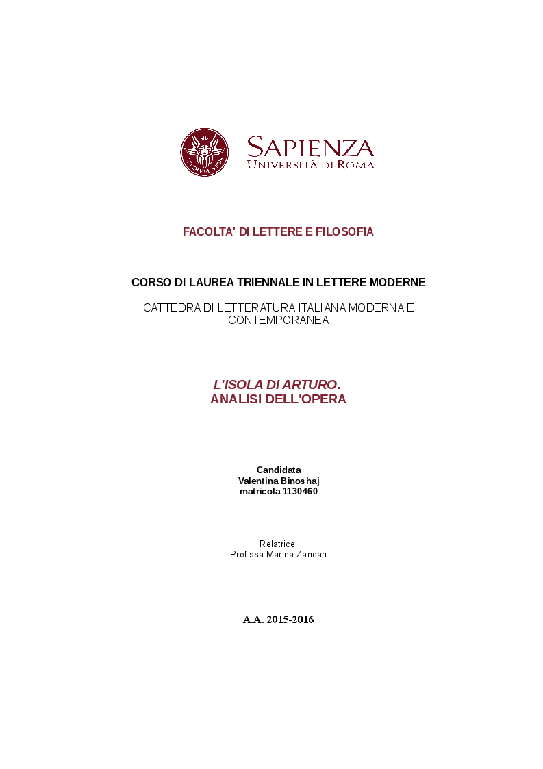Anteprima della tesi: Analisi dell'opera : "L'isola di Arturo", Pagina 1