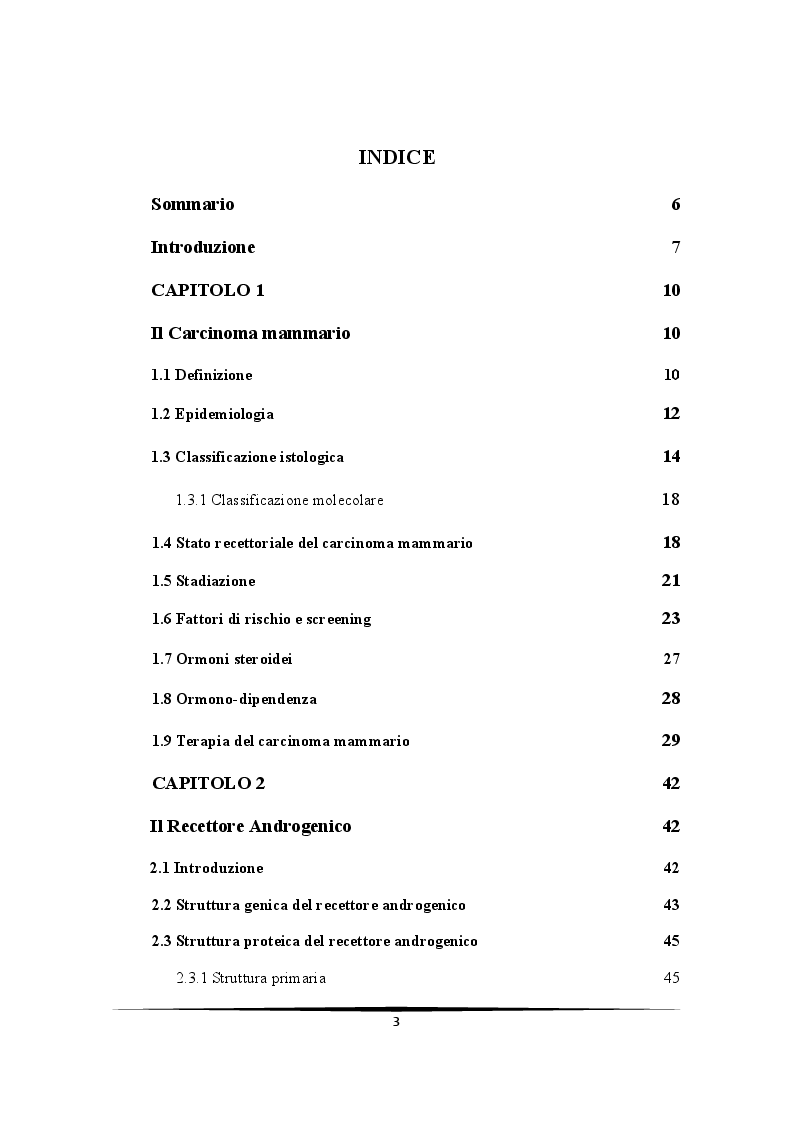 Indice della tesi: Ruolo protettivo degli Androgeni sulla crescita di cellule di carcinoma mammario indotta da miR-21, Pagina 1