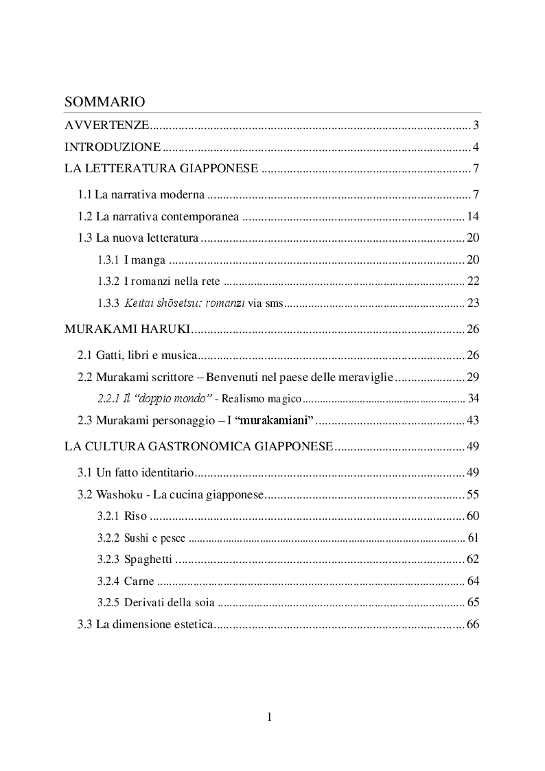 Indice della tesi: L'uomo è ciò che mangia. Studio del cibo nella narrazione di Haruki Murakami, Pagina 1